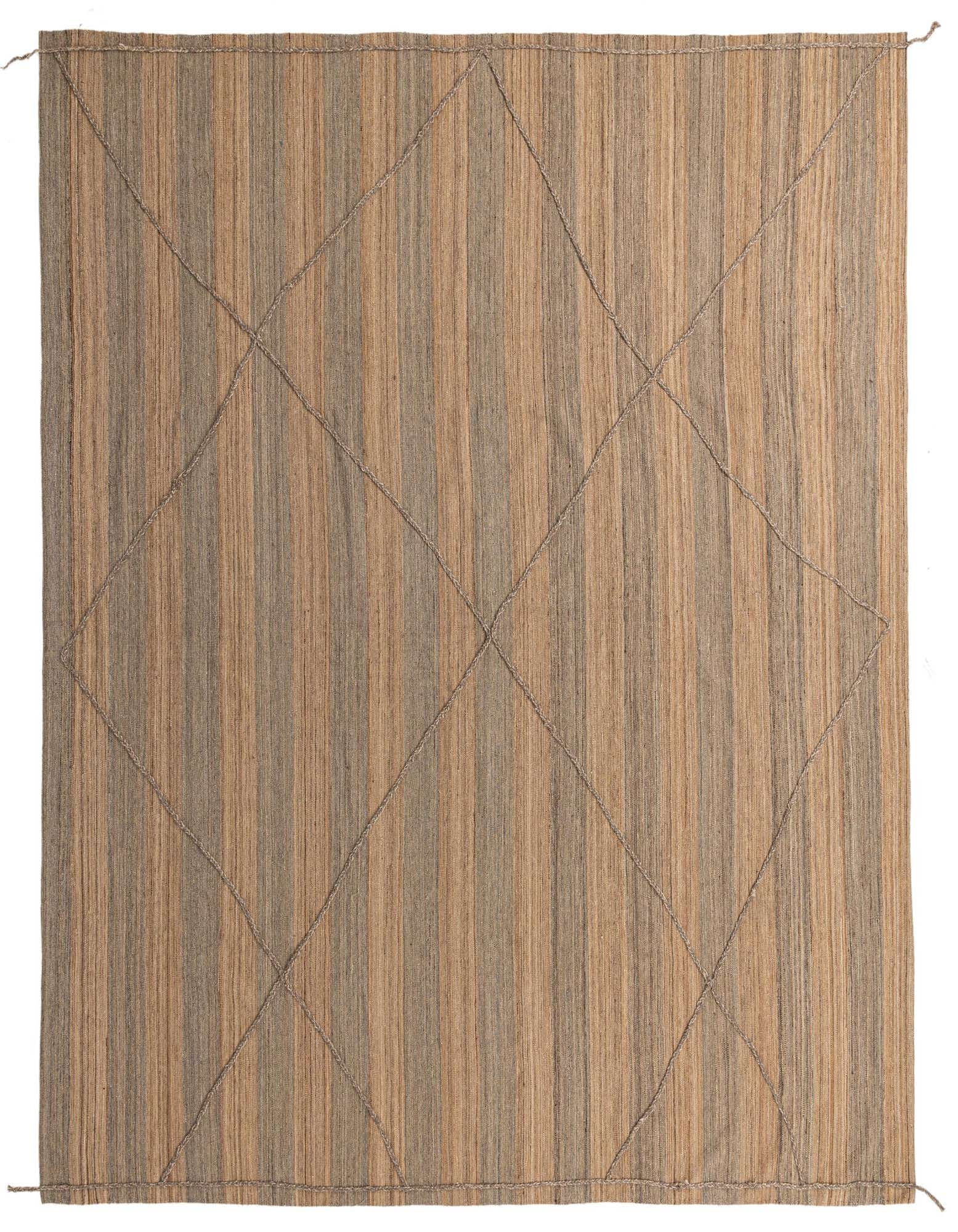 A 10x13 rectangular Moroccan shag rug with alternating brown and gray vertical stripes and a subtle diamond pattern.