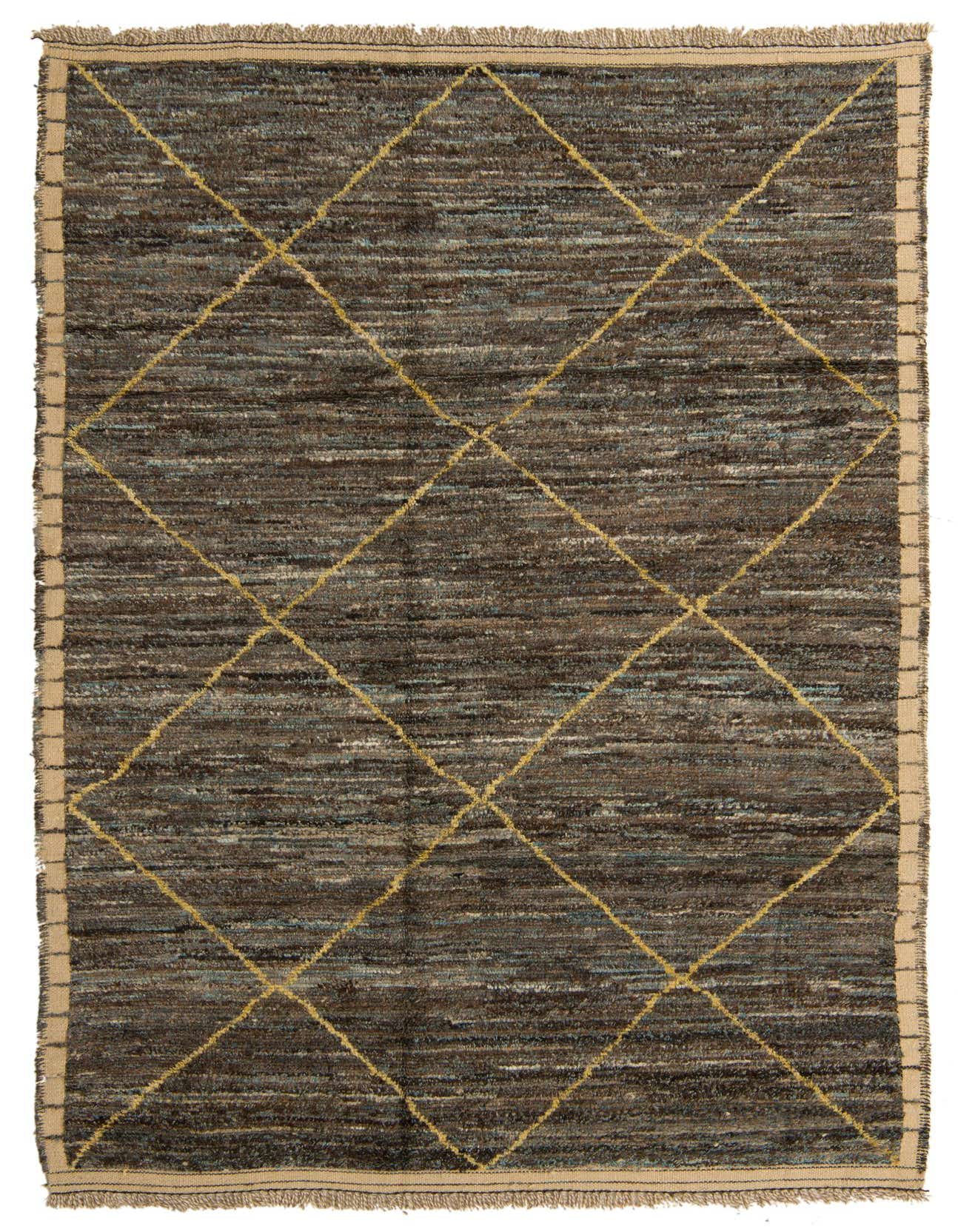 A 6x9 rectangular brown and gray shag rug with a yellow tribal diamond pattern and tan fringed edges.
