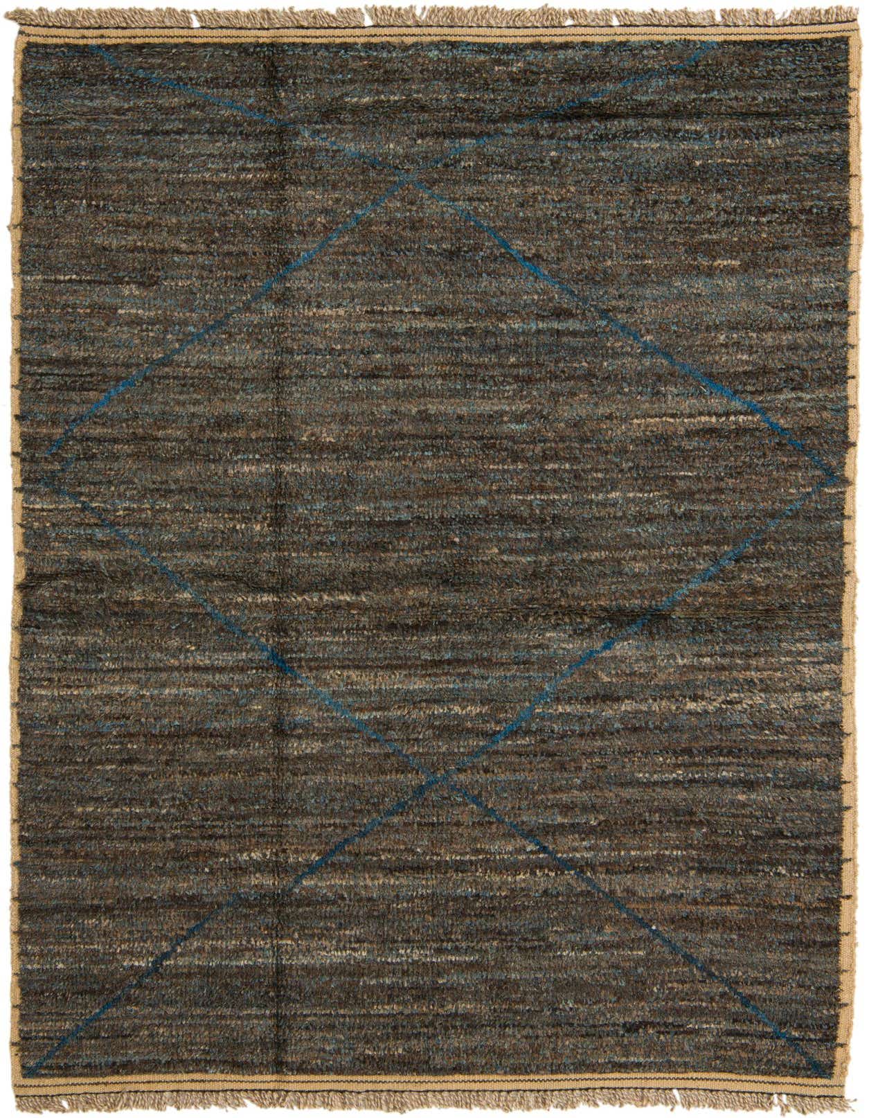 A 5x8 rectangular Moroccan shag rug with a textured brown and gray pile, featuring a subtle blue abstract diamond pattern and natural fringe.