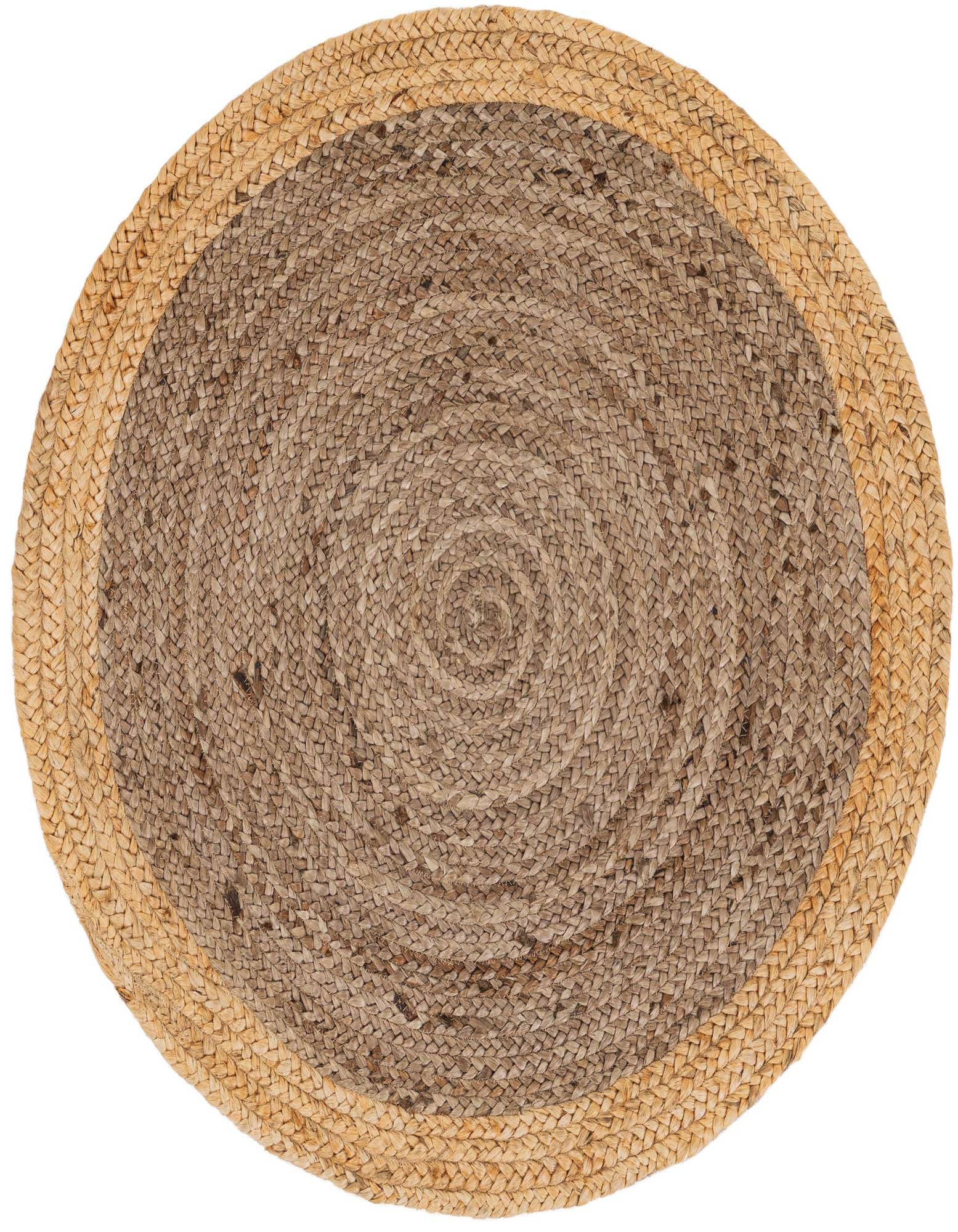 A 3' 3 round natural jute rug with a braided texture, featuring a light brown center and a tan border.