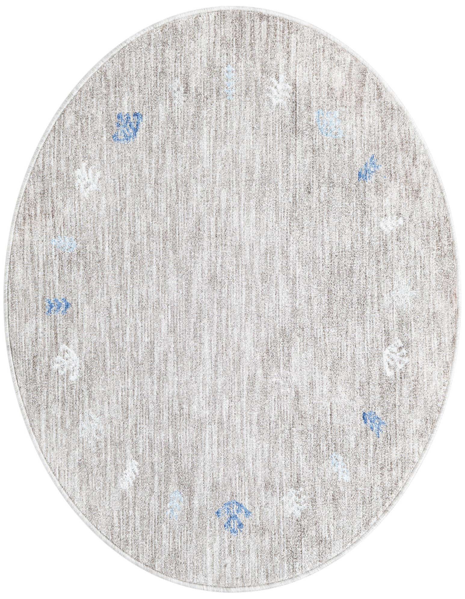 A 3' 3 round Gabbeh rug in browns and tans, featuring subtle tribal-inspired motifs in blue and white.