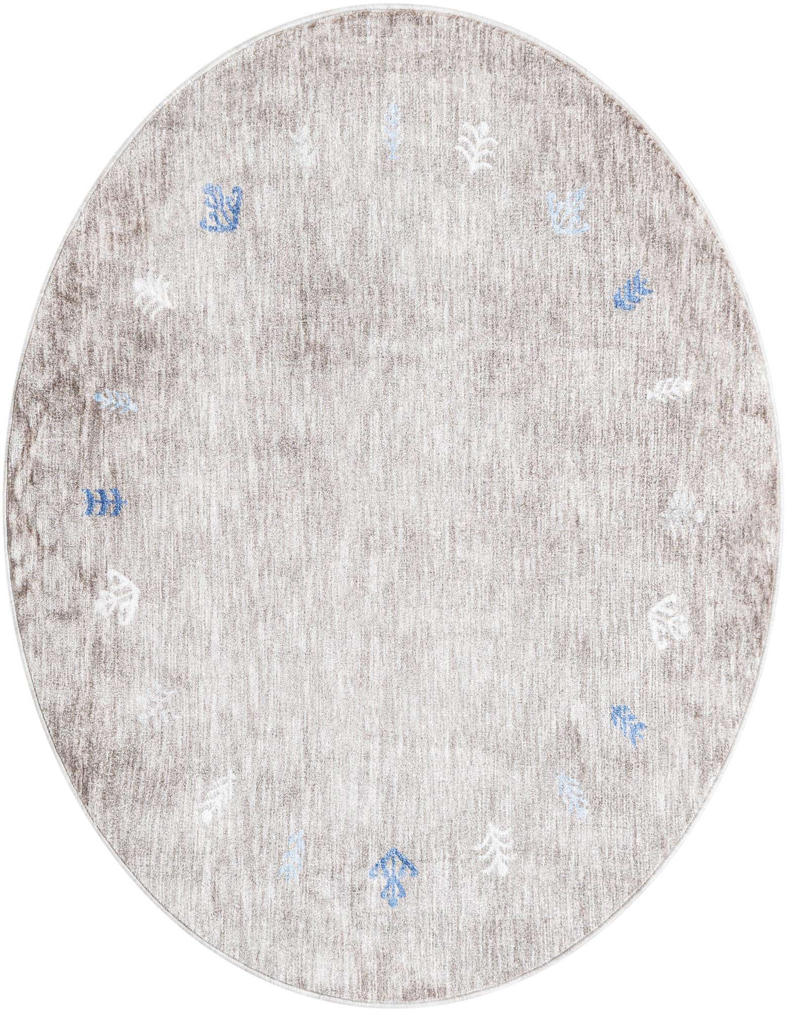 A round, 5' 3" x 5' 3" Gabbeh rug in browns and tans with subtle tribal patterns in blue and white.