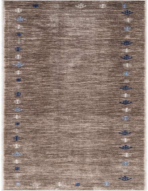 A 12 ft brown runner rug with a subtle tribal pattern of alternating blue and white leaf-like motifs along its borders, ideal for a hallway.