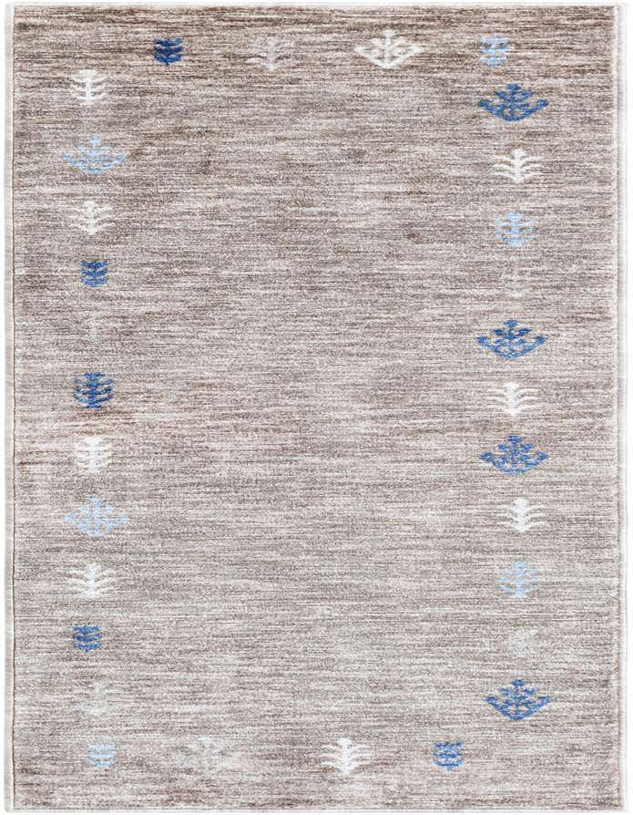 A 6 ft runner rug with a mottled brown and tan background, featuring scattered tribal motifs in white, light blue, and dark blue.