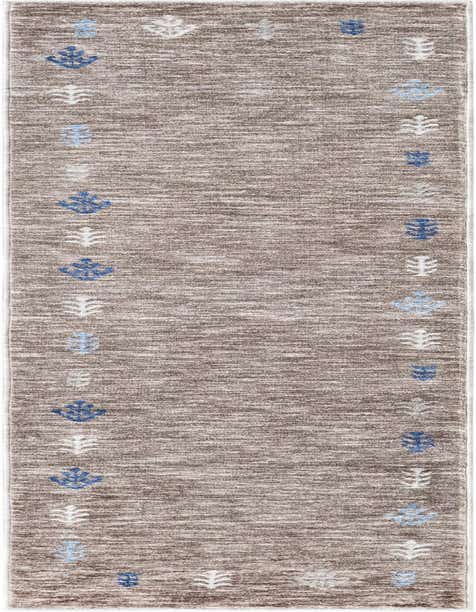A long 8 ft runner rug with a mottled brown and tan background, featuring tribal-inspired leaf motifs in blue and light gray along its edges.