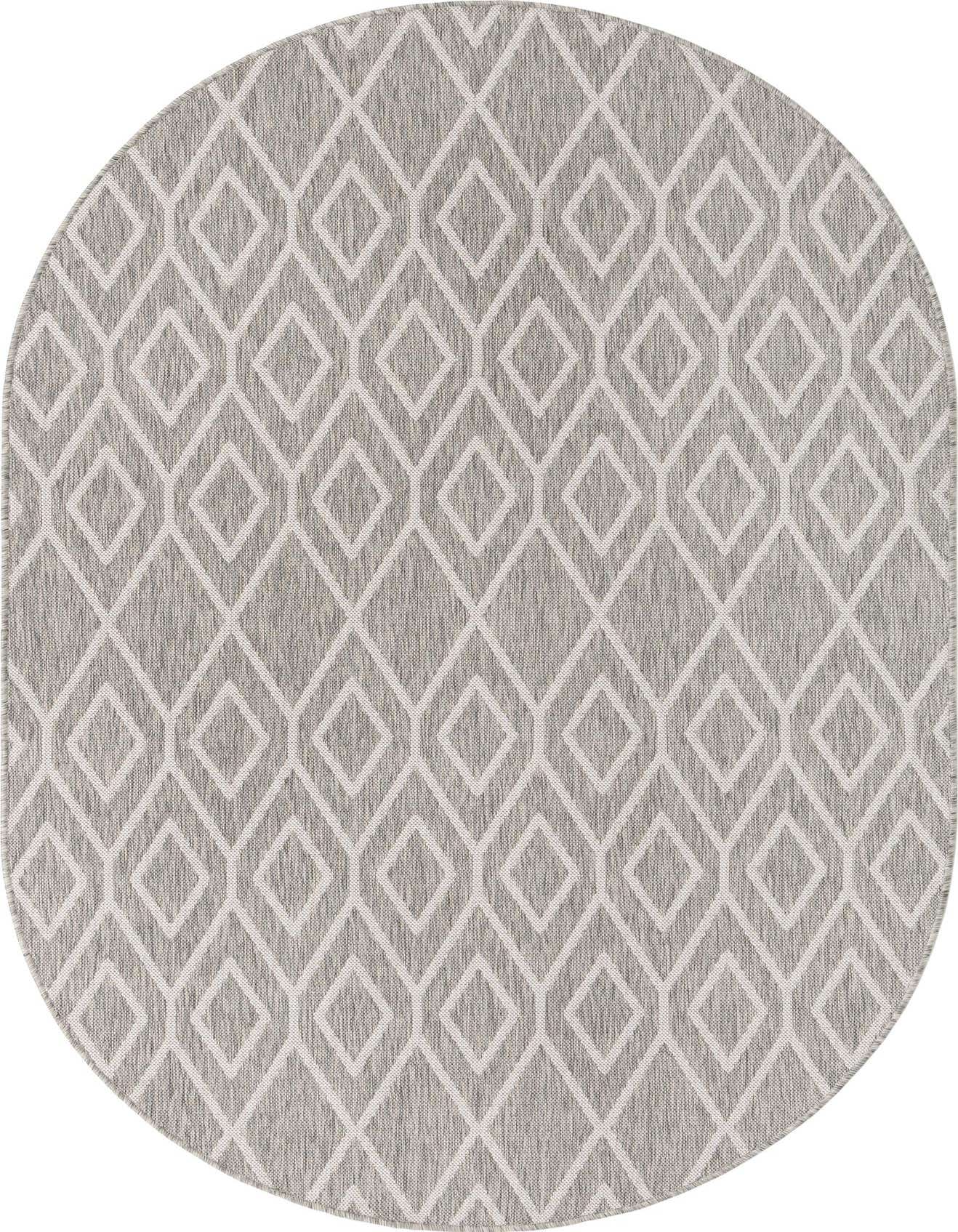 An oval 5'3" x 8'0" Jill Zarin Outdoor rug featuring a modern trellis pattern in ivory and gray, suitable for indoor/outdoor use.