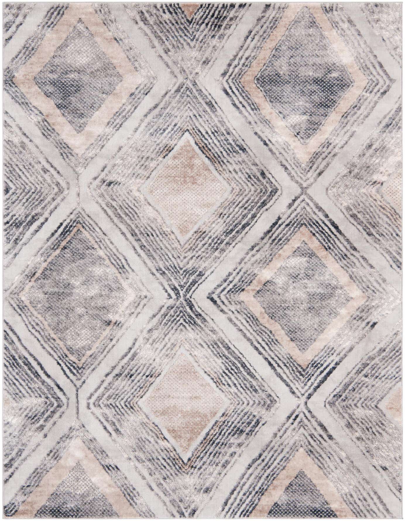 A 7x10 rectangular Caspian rug featuring an abstract geometric diamond pattern in ivory, cream, and gray tones.