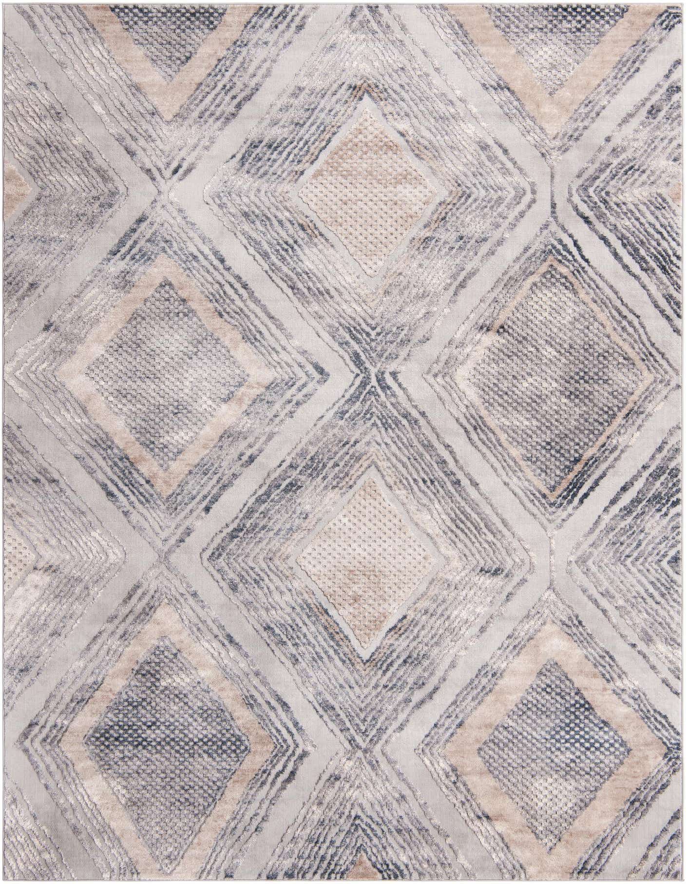 An 8x11 rectangular rug featuring a modern industrial diamond pattern in ivories, creams, and grays with textured details.