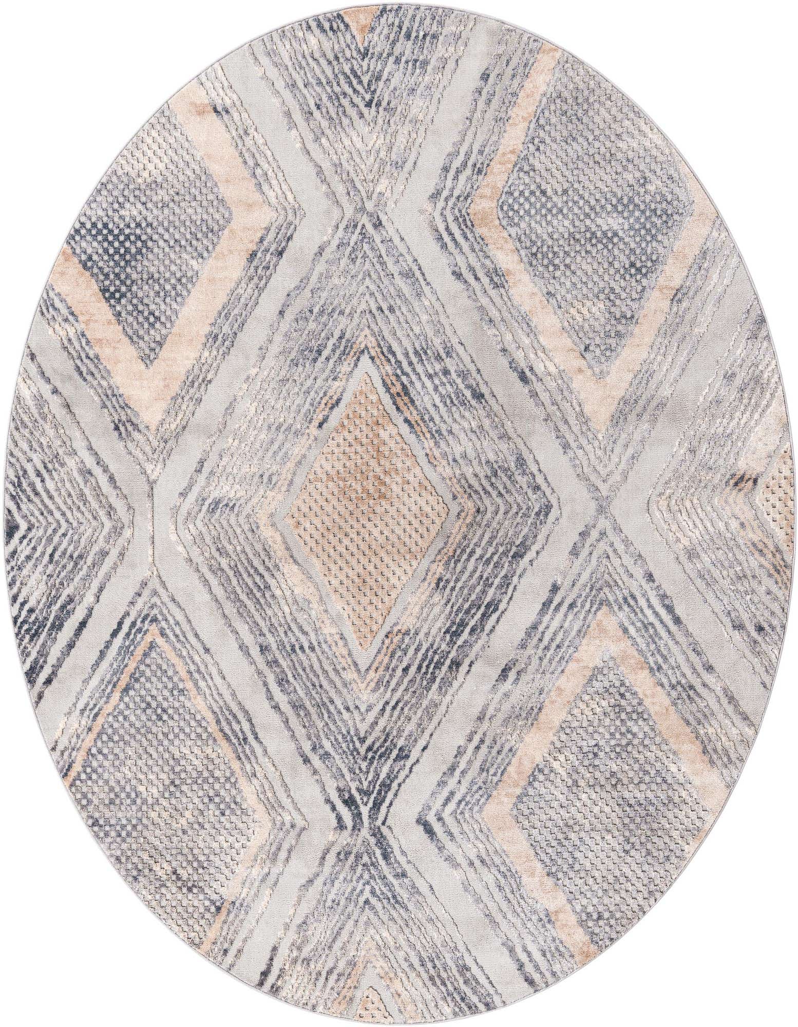 A round 7' 10 x 7' 10 modern rug featuring an abstract geometric pattern in ivory, cream, and gray tones with textured details.