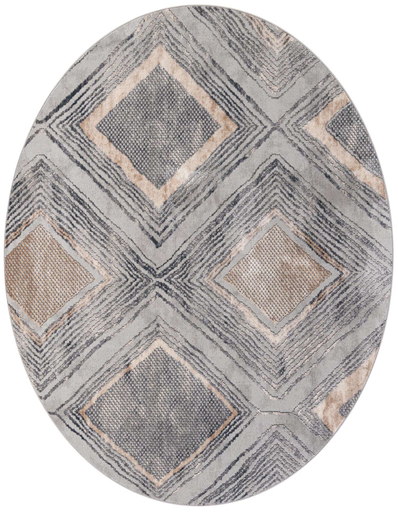 A round rug featuring a modern abstract pattern of interlocking diamonds and distressed lines in shades of gray, cream, and dark gray.