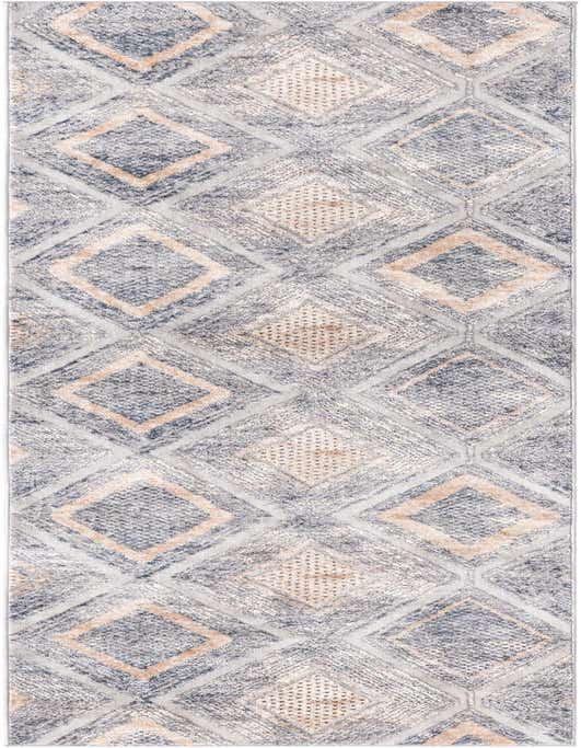 A 10 ft runner rug with a modern, industrial pattern in shades of ivory, cream, and gray, featuring textured diamond shapes.