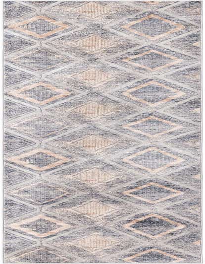 A 13 ft runner rug featuring a modern geometric diamond pattern in shades of ivory, cream, and gray, with a textured pile.