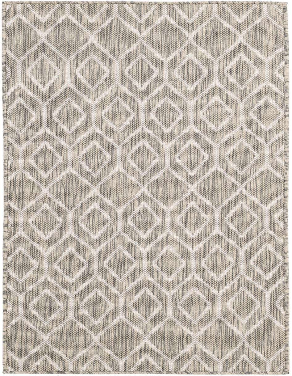 A 4 ft runner rug in ivory and gray with a modern tribal trellis pattern, suitable for a hallway or patio.