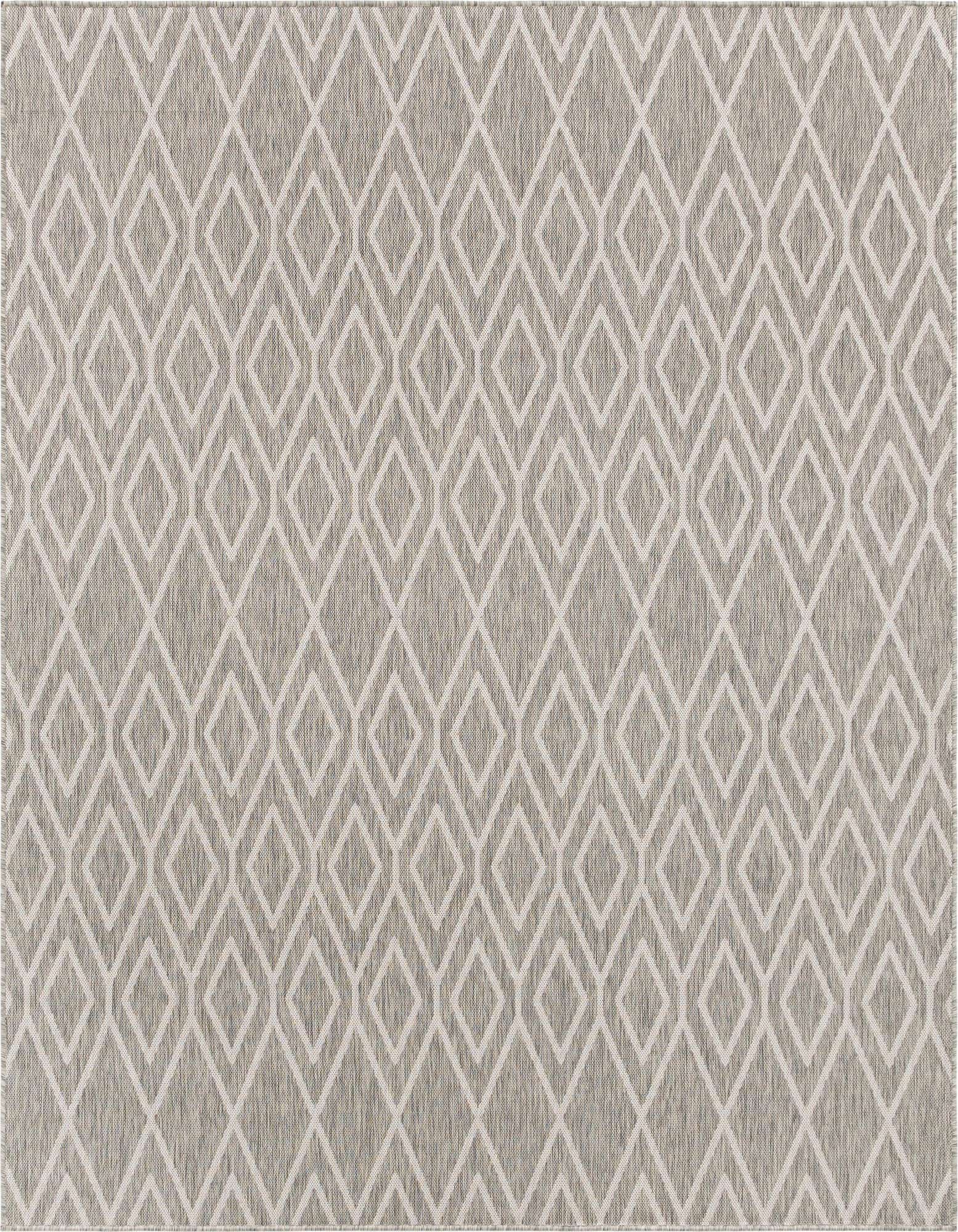 A 7' 10 x 7' 10 square Jill Zarin Outdoor rug featuring a modern trellis pattern in ivory and gray tones.