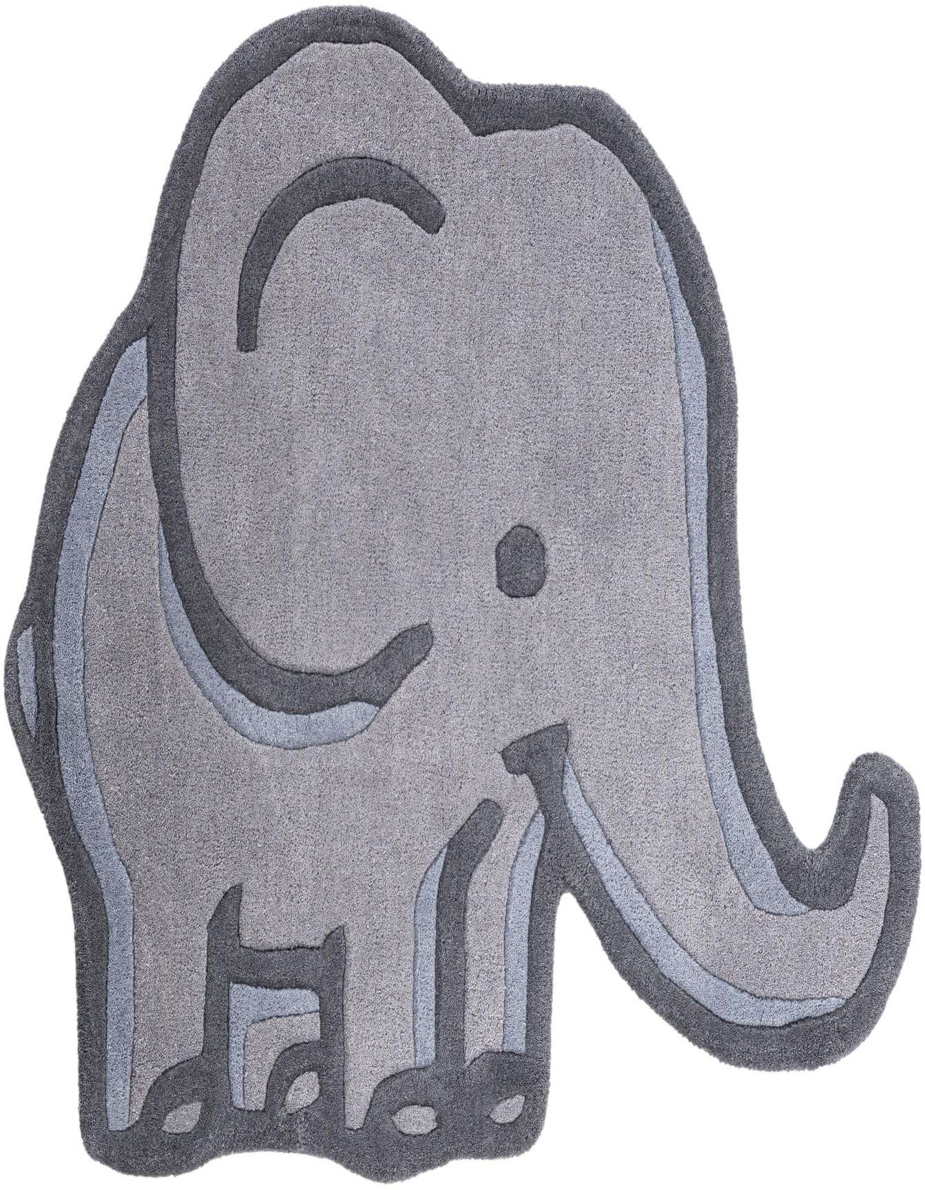 A gray elephant-shaped freeform rug with a high, textured pile, perfect for a child's playroom or bedroom.