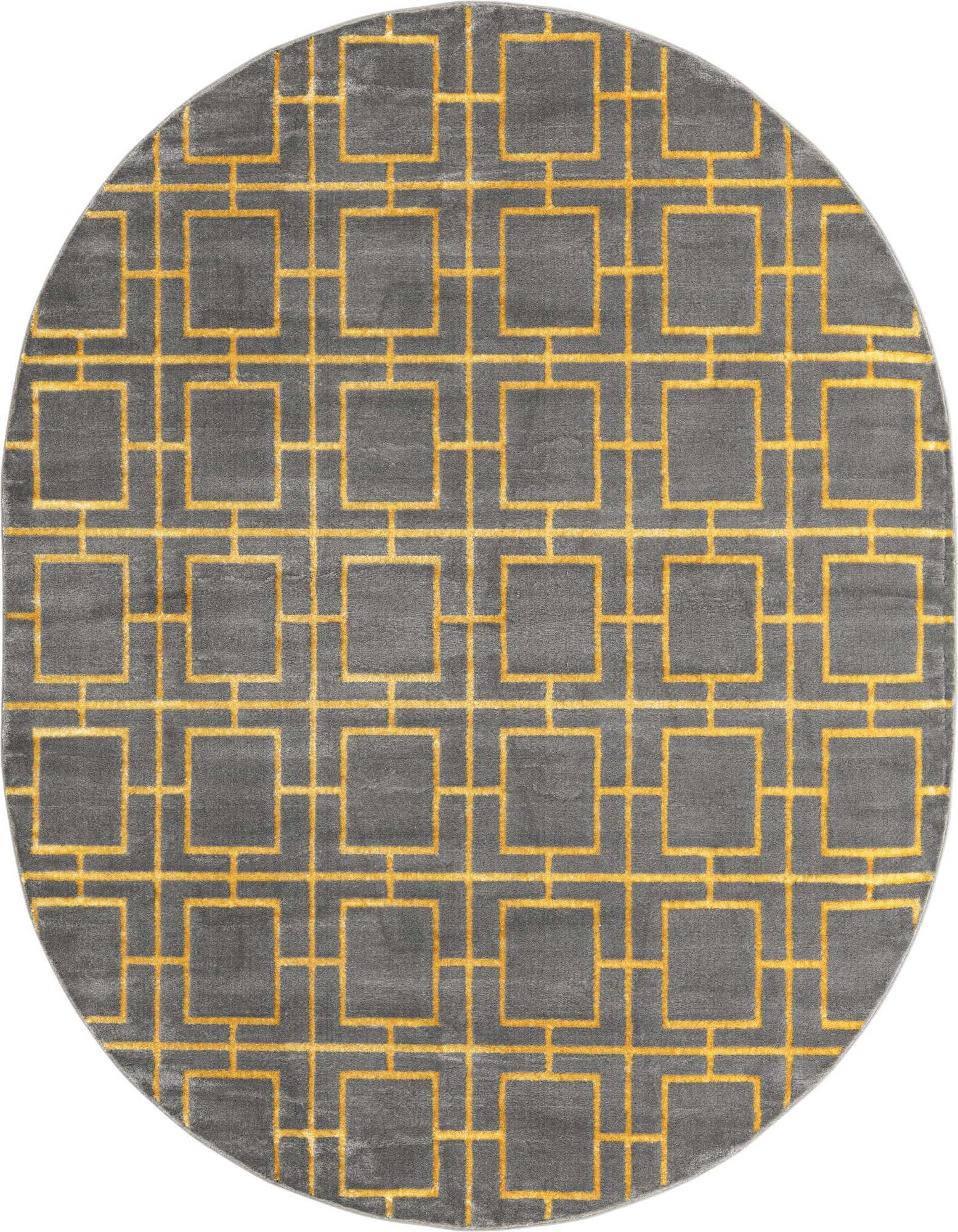 A round gray rug with a bold, interlocking gold trellis pattern, suitable for a modern living space.