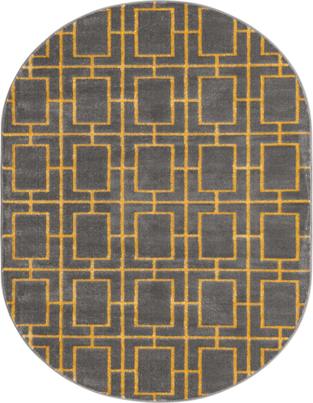 An oval gray rug with a bold, interlocking gold trellis pattern, featuring a textured, high pile.