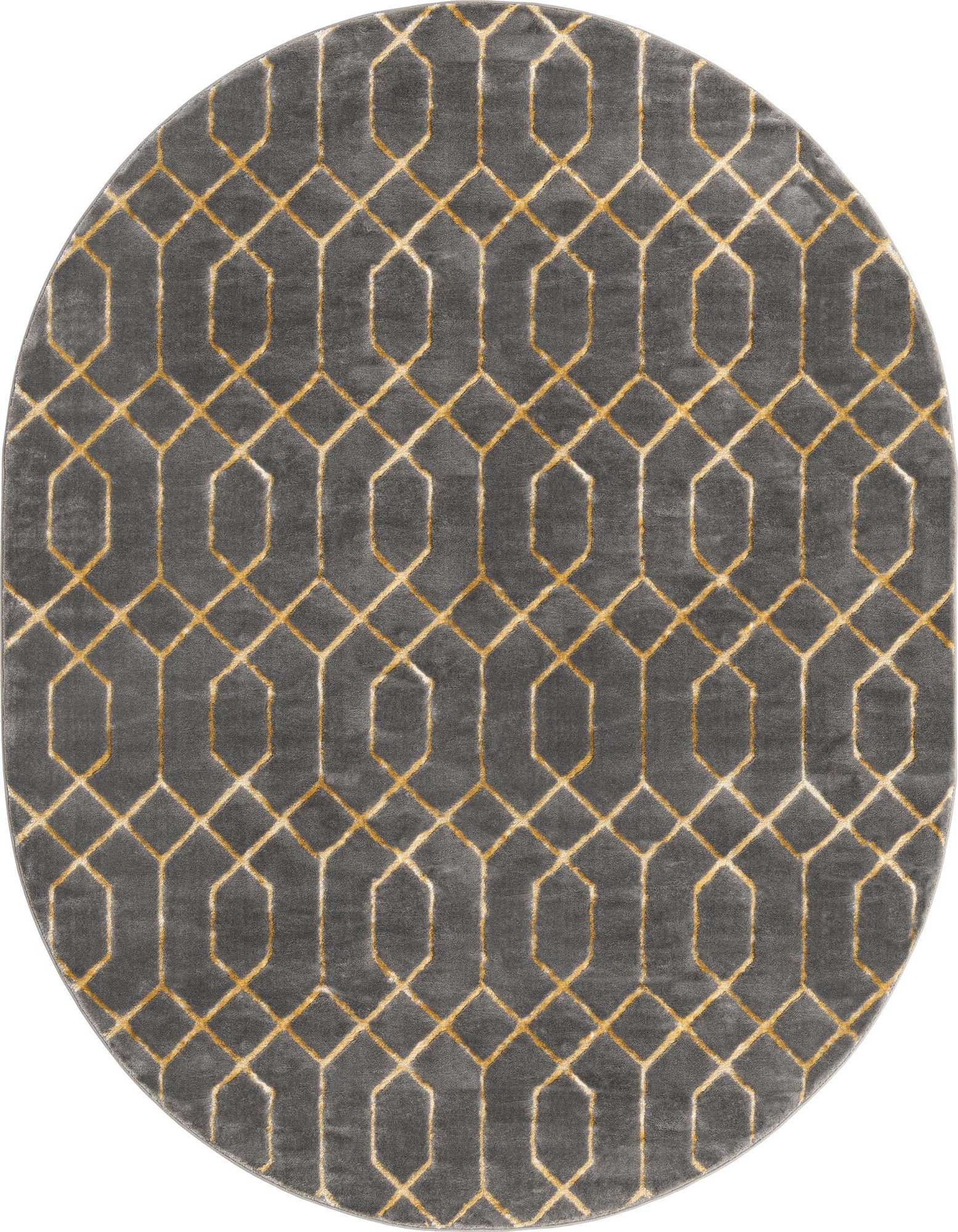 An oval gray area rug featuring a repeating gold trellis pattern, perfect for a modern living room.