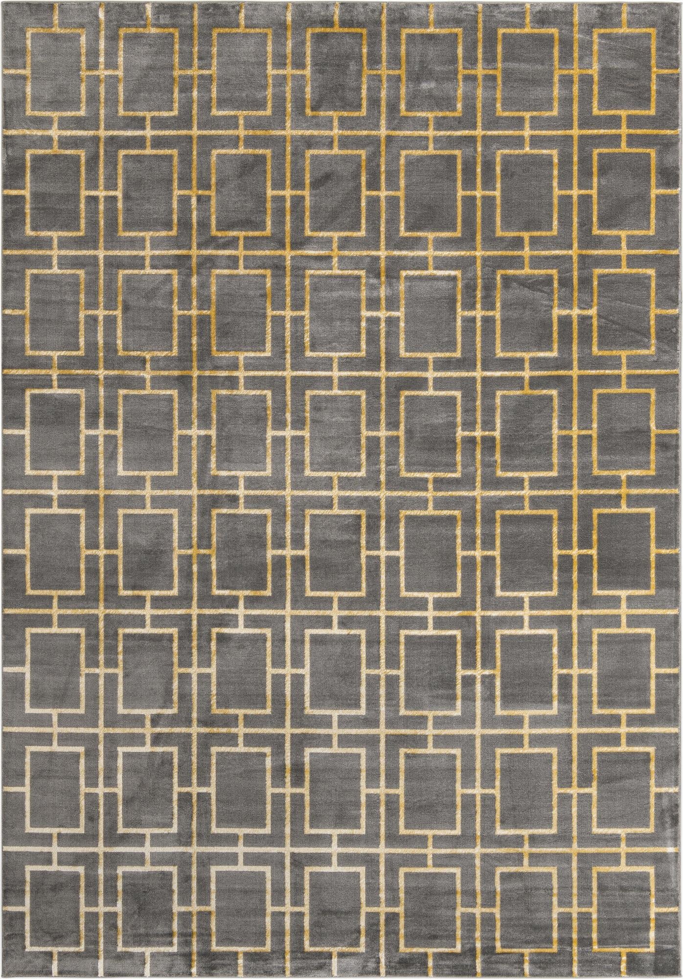 A 10x14 rectangular gray area rug with a modern Hollywood Glam trellis pattern in gold, featuring a textured pile.