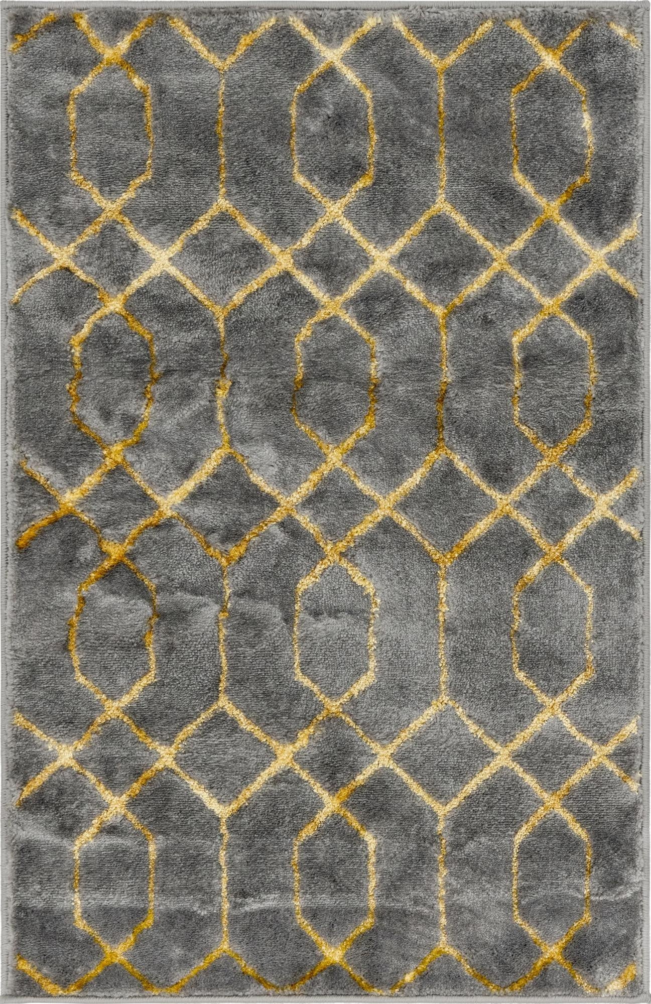 A 2x3 rectangular gray area rug with a textured pile, featuring a repeating gold trellis pattern.