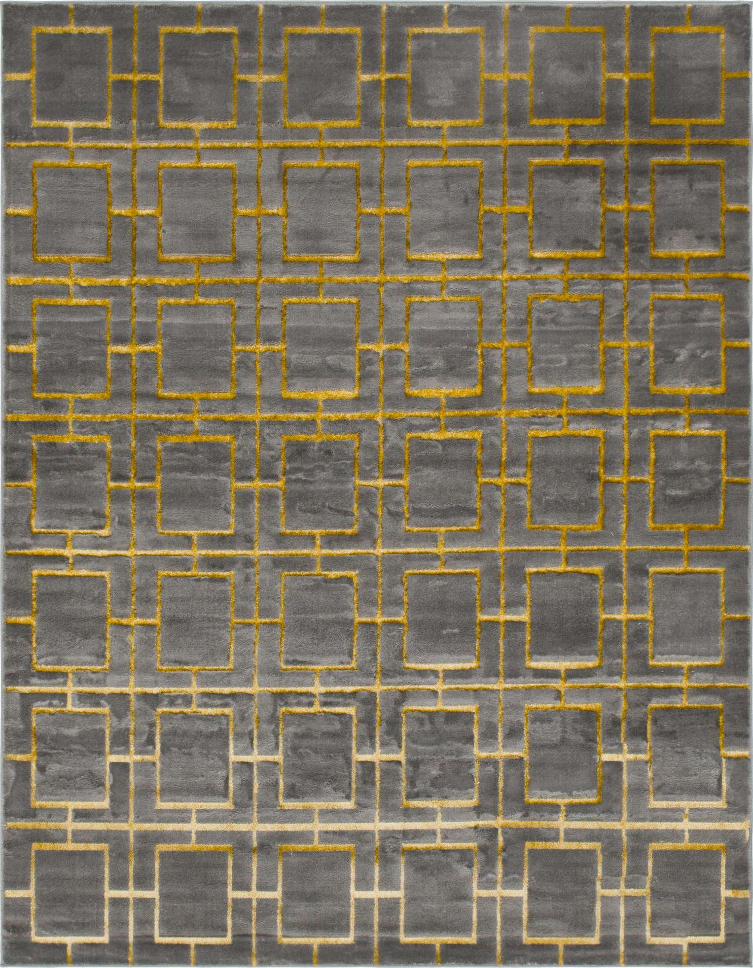 A rectangular 8x10 gray area rug with a raised yellow trellis pattern of connected squares, perfect for a living room.