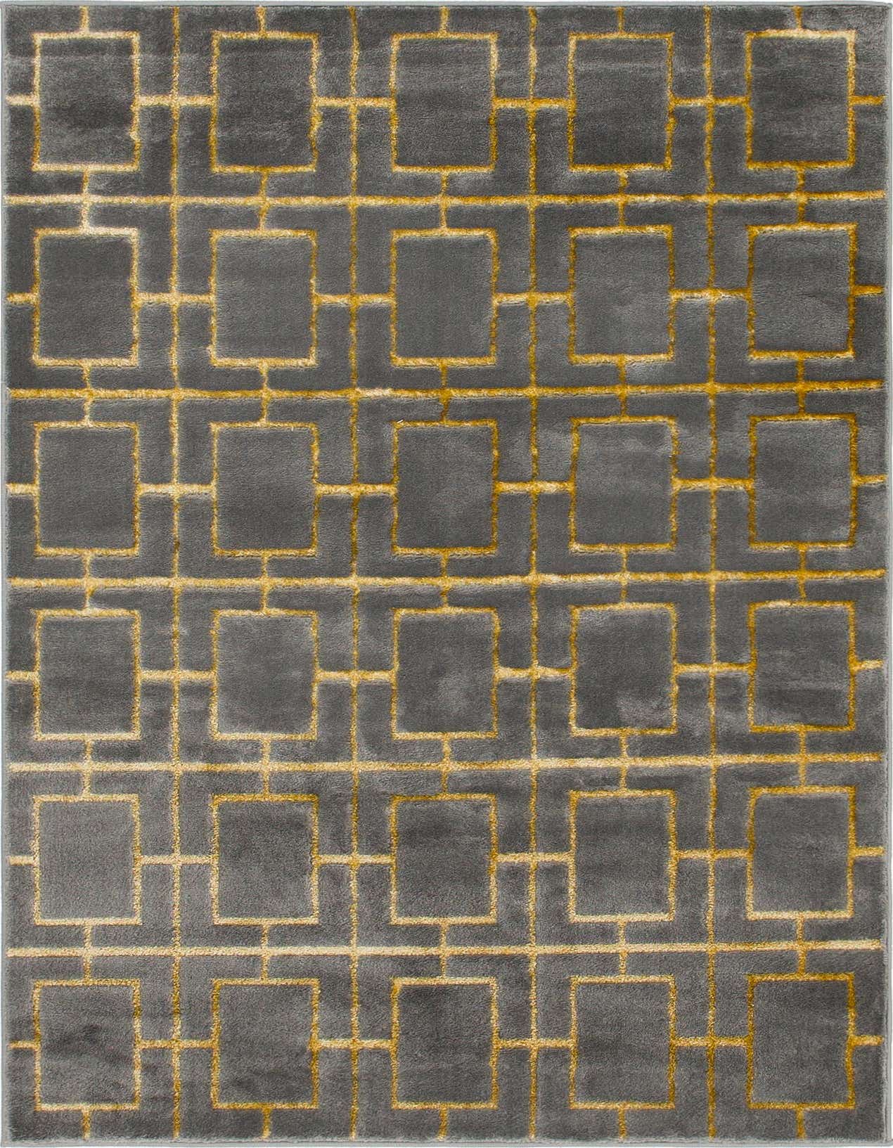 A 4x6 rectangular gray rug with a raised gold trellis pattern, featuring interconnected squares, perfect for a modern living room.