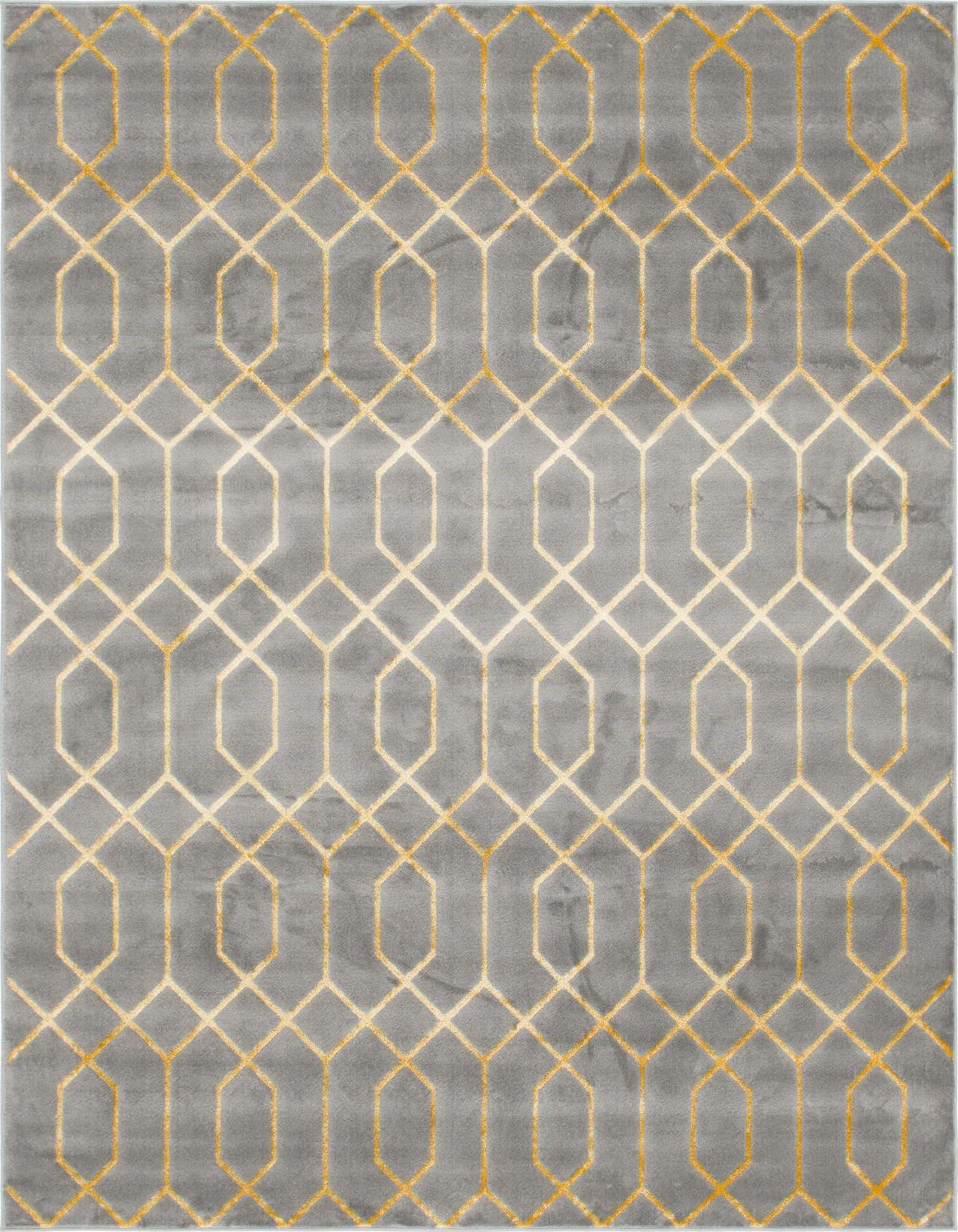 A rectangular 8x10 gray area rug with a modern gold trellis pattern, suitable for a living room.