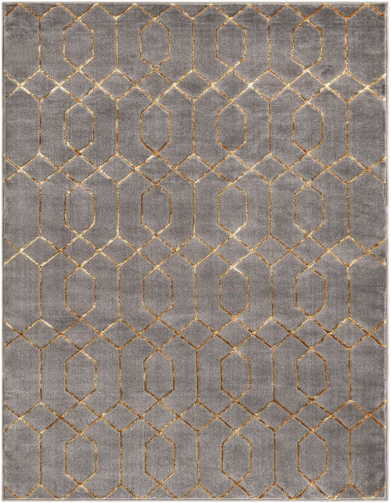 A 5x8 rectangular gray area rug with a shimmering gold modern trellis pattern, perfect for a living room.