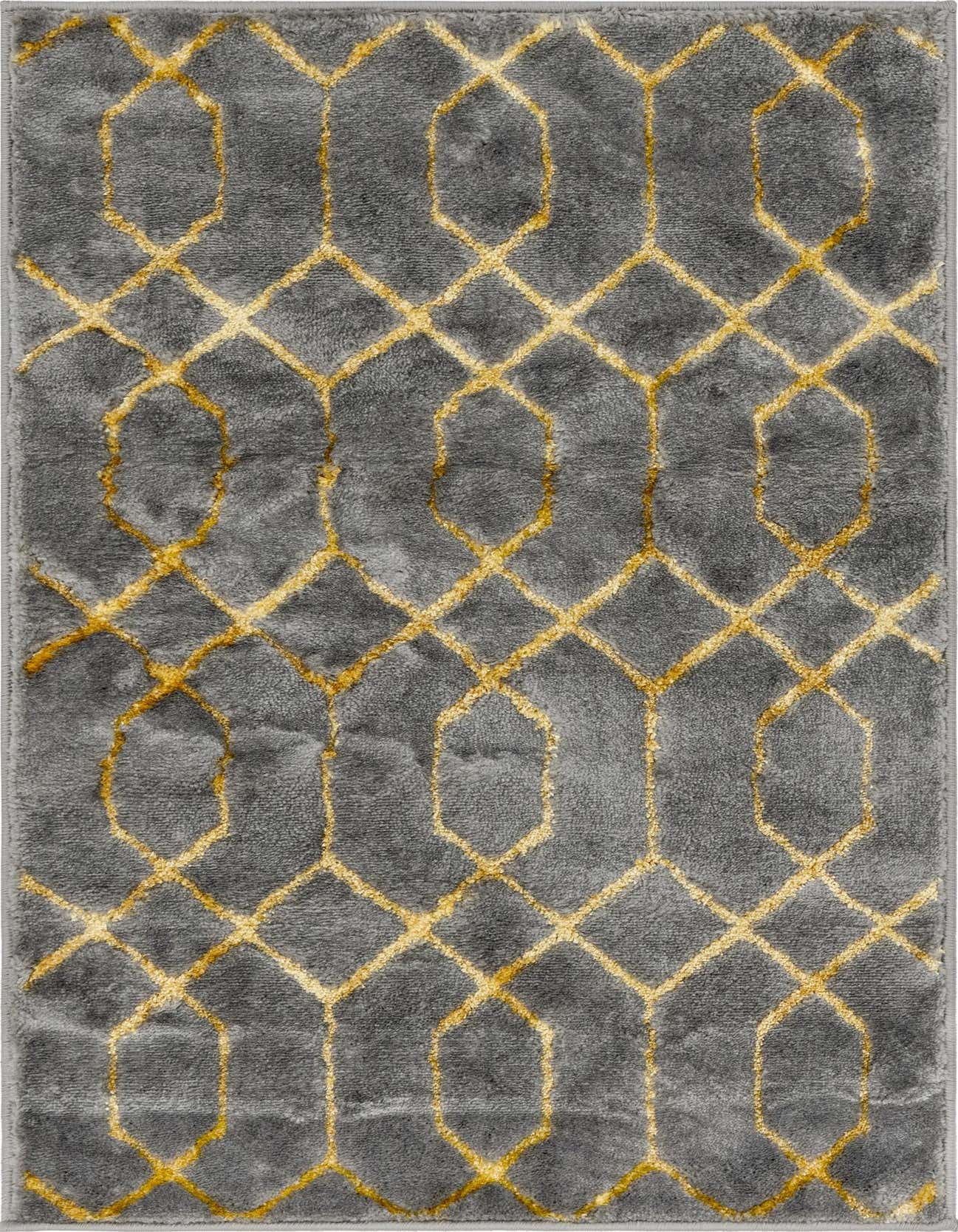 A 2x3 rectangular gray area rug with a textured pile, featuring a repeating gold trellis pattern.