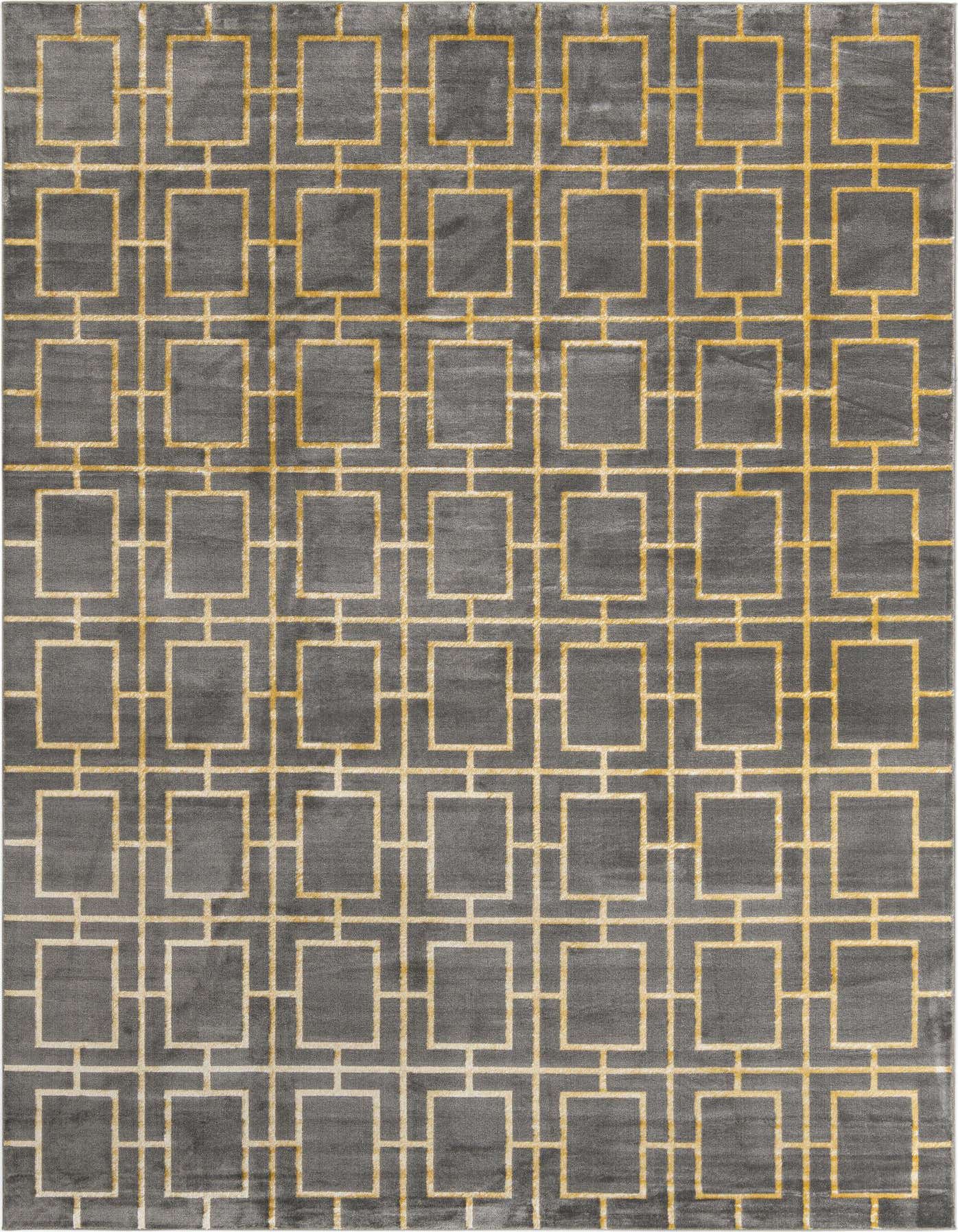 A 10x14 rectangular gray area rug with a modern Hollywood Glam trellis pattern in gold, featuring a textured pile.