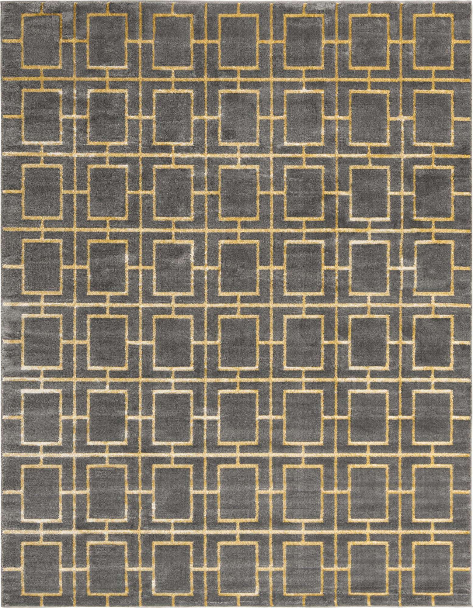 A 10x13 rectangular gray area rug with a modern gold trellis pattern, suitable for a living room.