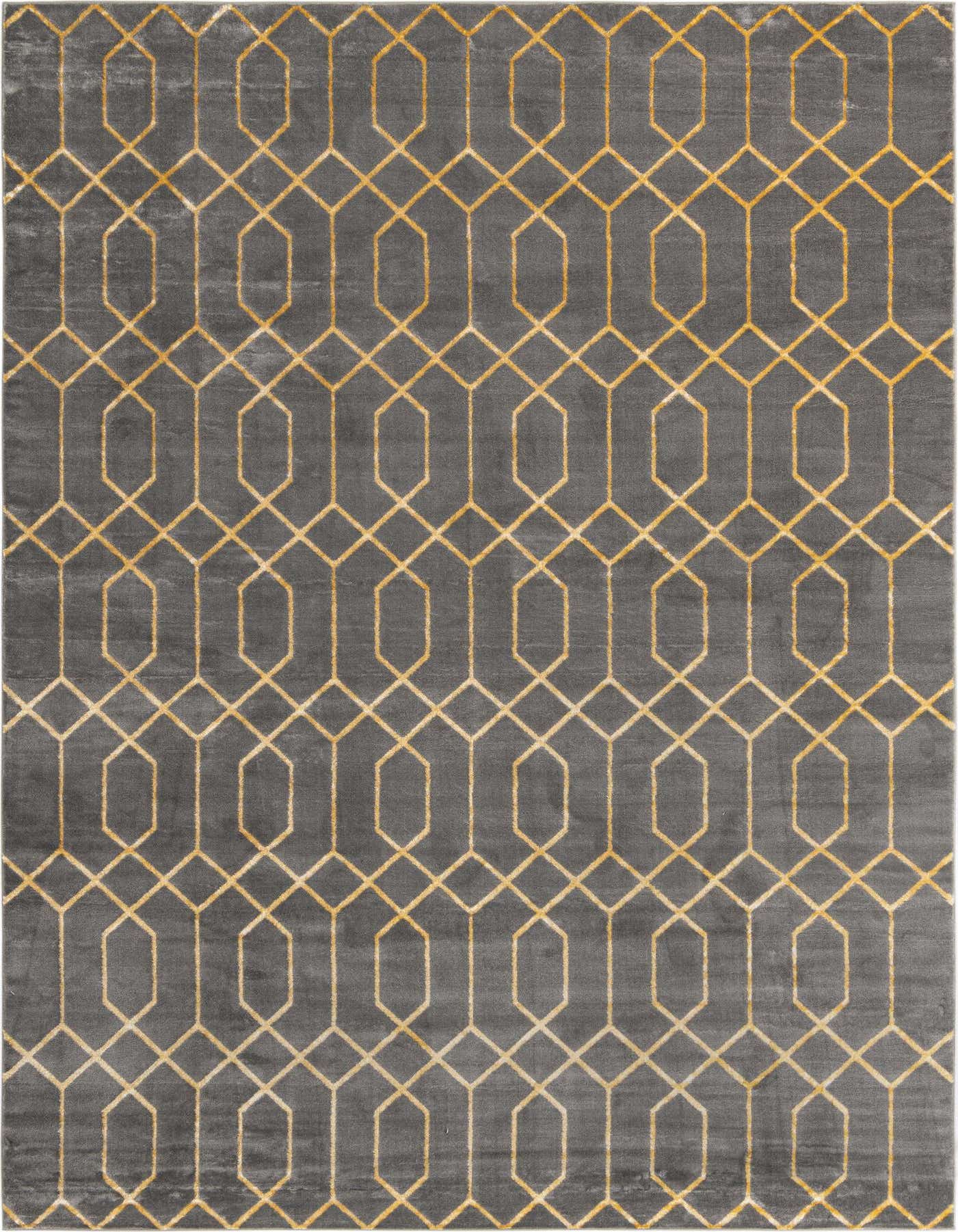 A 10x14 rectangular gray area rug with a repeating gold Hollywood Glam trellis pattern, featuring a textured pile.