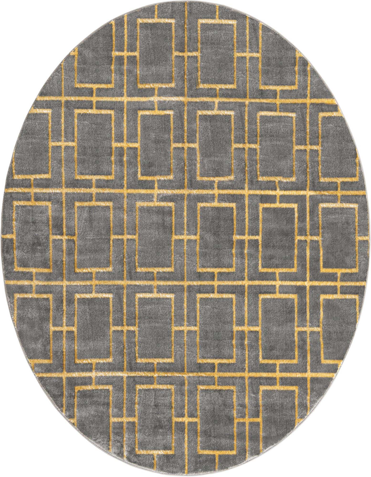 A round gray area rug with a modern gold trellis pattern, featuring interconnected squares, on a white background.