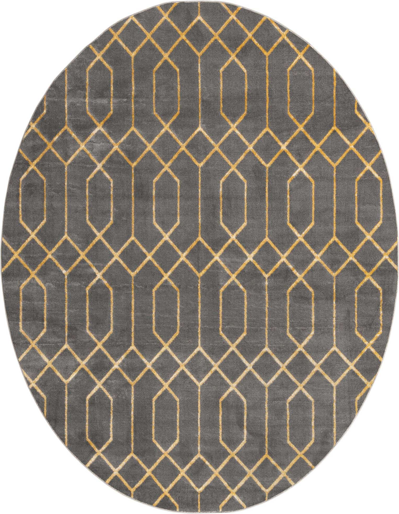 A round gray rug with a repeating gold trellis pattern, showcasing a modern Hollywood Glam style.