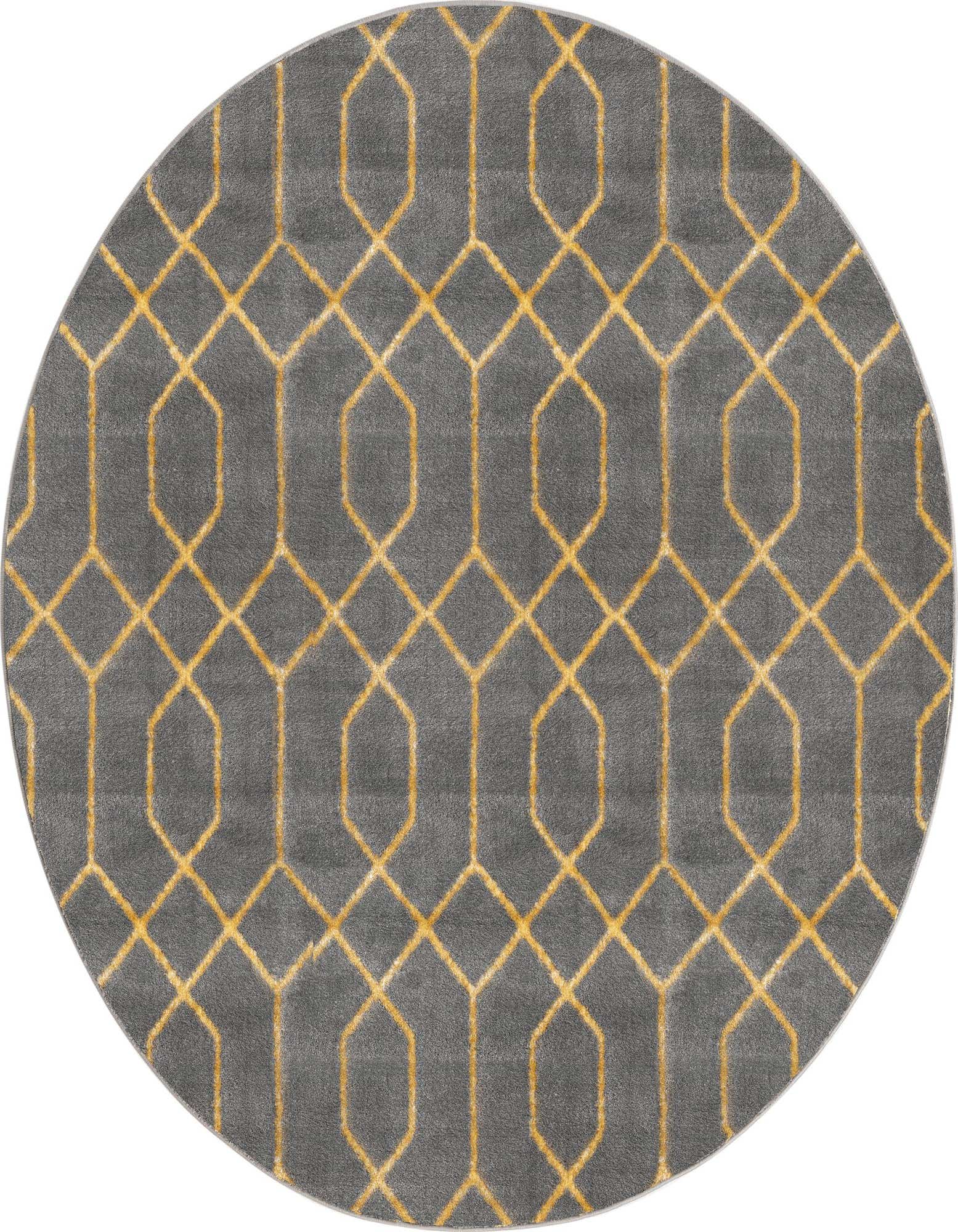 A 5' 3 round gray rug with a modern gold trellis pattern, featuring a textured, high pile.