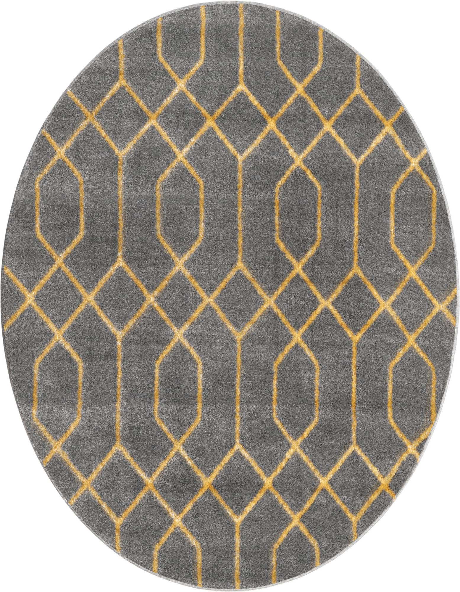 A round gray rug with a vibrant gold geometric trellis pattern, featuring interlocking octagons and diamonds.