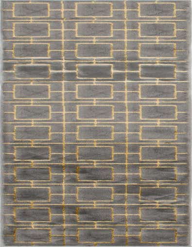 A gray 10 ft runner rug with a repeating gold trellis pattern, suitable for a hallway.