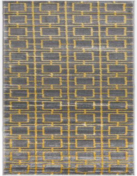 A 12 ft runner rug with a gray background and a repeating gold trellis pattern, suitable for a hallway.