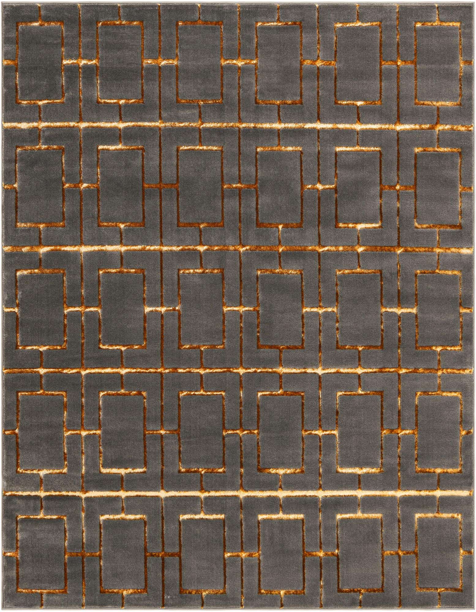 A square gray area rug with a raised, textured gold trellis pattern forming interconnected squares, suitable for a modern living space.