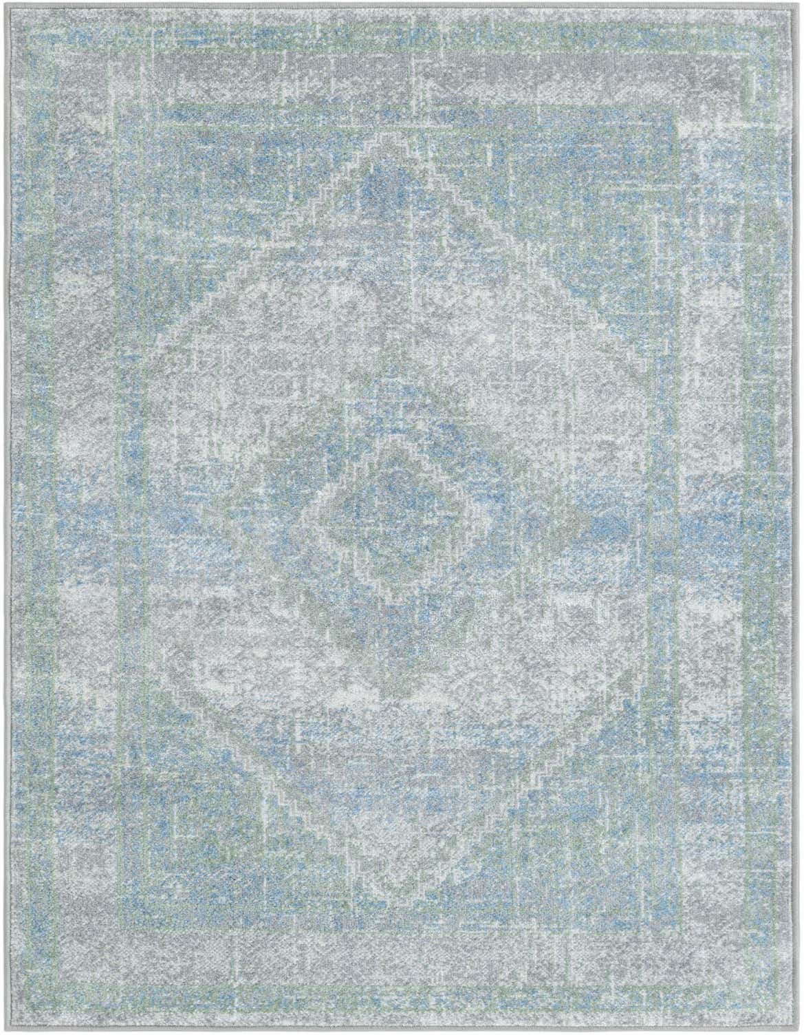 A 3x5 rectangular Kamala Washable rug featuring a distressed traditional medallion pattern in shades of gray, silver, and green.