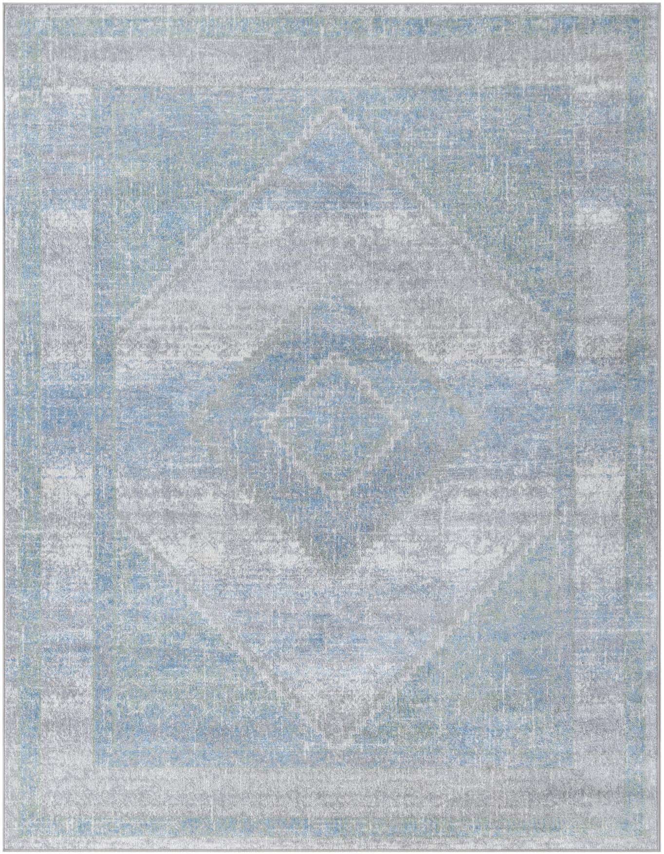A 6x9 rectangular Kamala Washable rug featuring a distressed gray, silver, and green traditional medallion pattern.