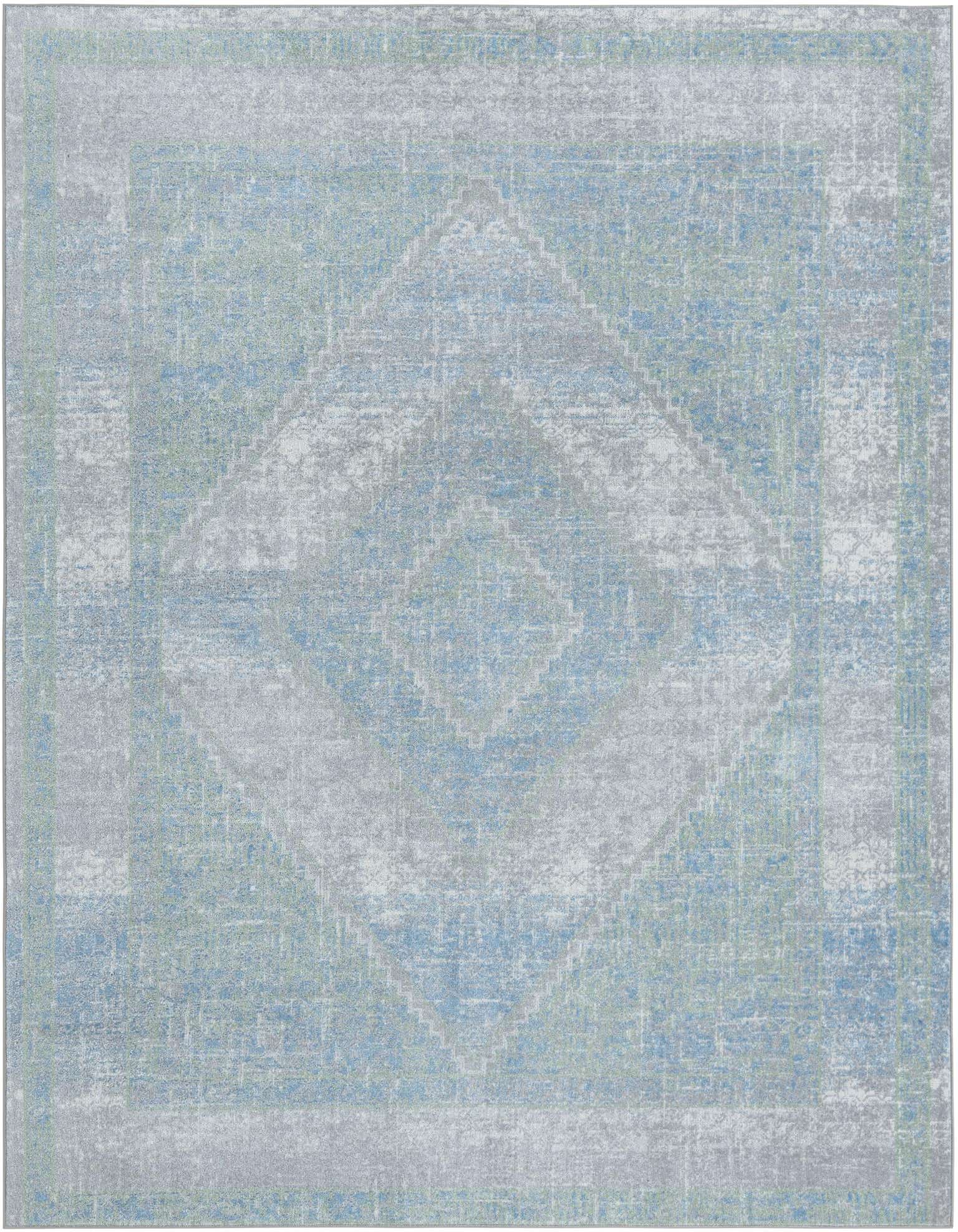8x10 rectangular Kamala Washable rug featuring a distressed traditional medallion pattern in shades of gray, silver, and muted green.