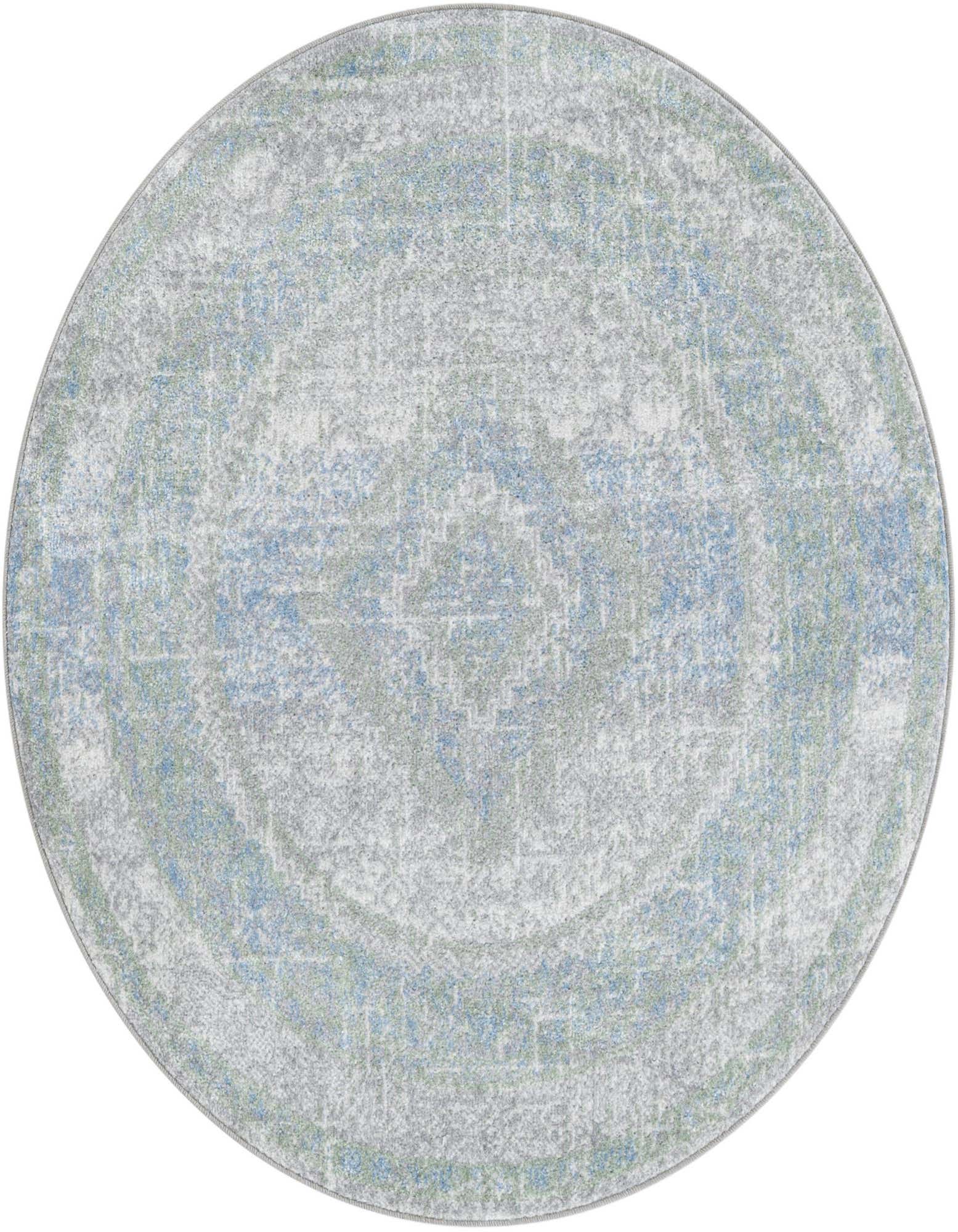 A 3' 3 round gray and green medallion rug with a distressed traditional pattern, suitable for various indoor spaces.