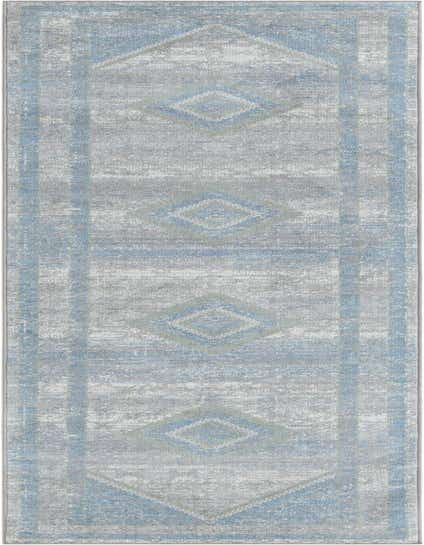 A 12 ft runner rug in gray and light blue with a distressed traditional medallion pattern, ideal for a hallway.