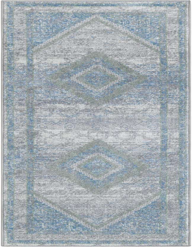 A 6 ft runner rug featuring a distressed traditional medallion pattern in shades of gray, silver, and muted green, ideal for a hallway.