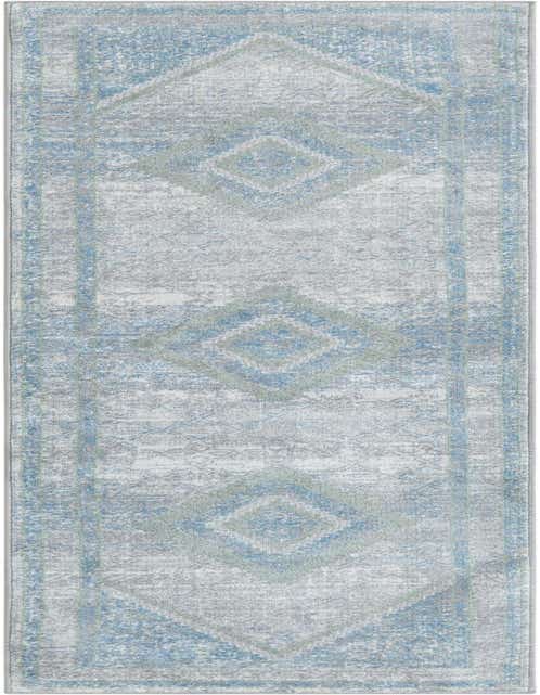 A gray and light blue Kamala Washable runner rug with a distressed traditional medallion pattern, ideal for a hallway.