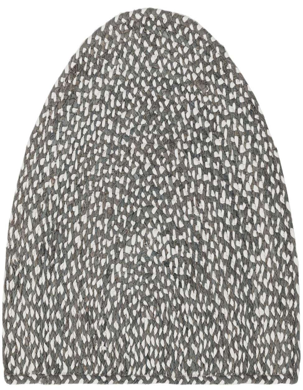 A 2' 2 x 3' 7 hearth-shaped rug featuring a braided chindi pattern in shades of gray and white, made from recycled cotton.