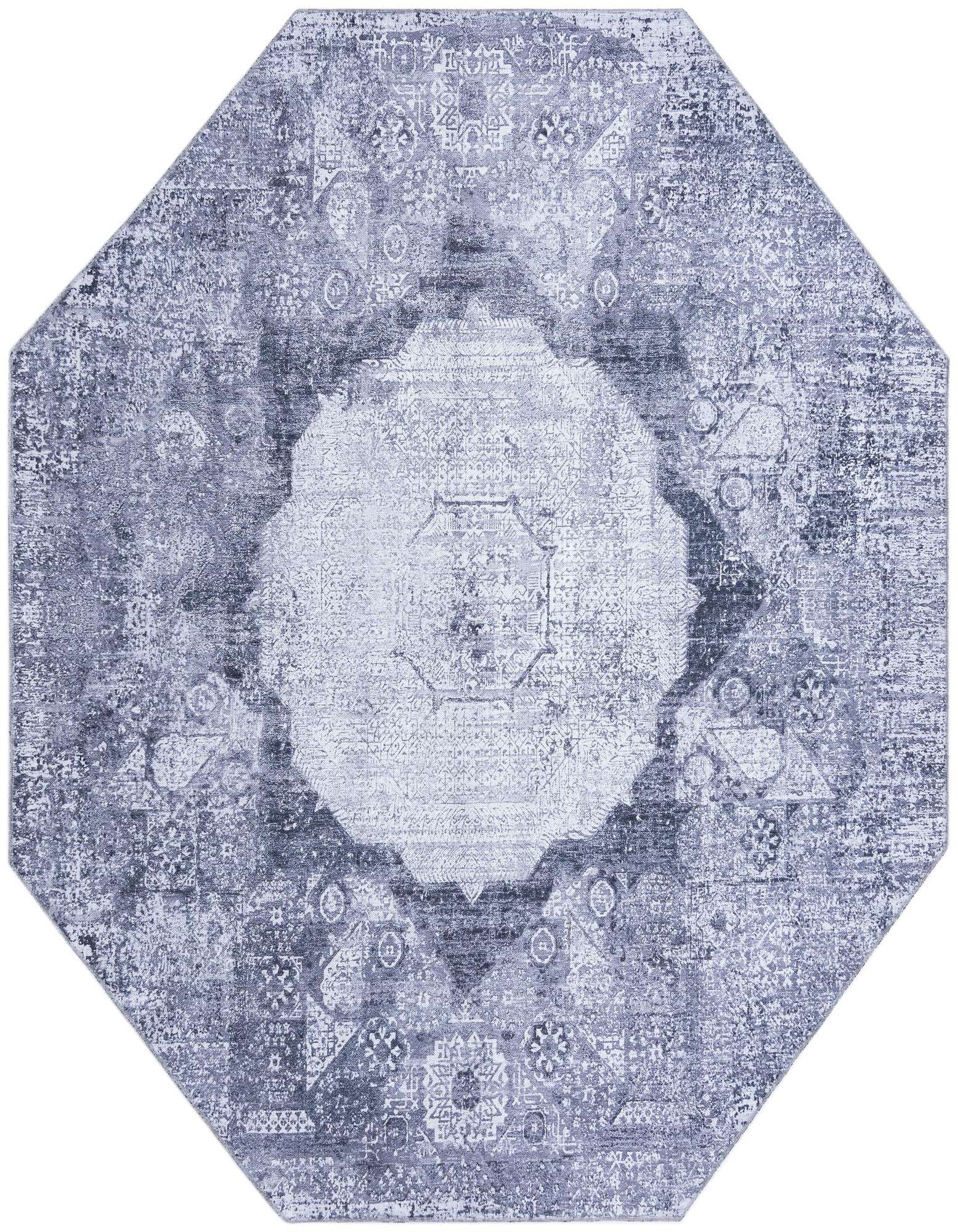 7' 10 x 7' 10 octagon Yara rug in distressed ivory, cream, and gray with a traditional medallion pattern.