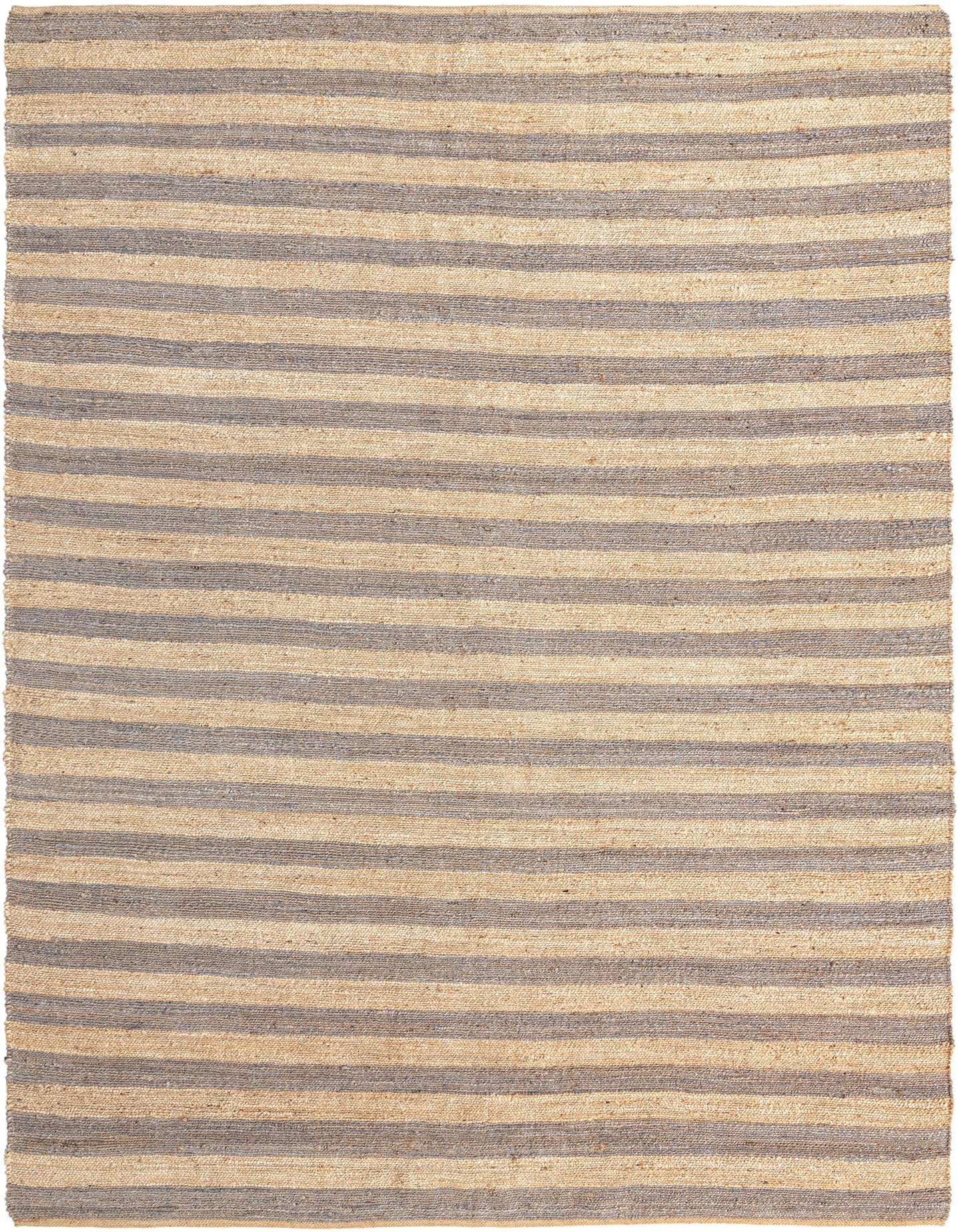 A 10x14 rectangular jute rug with alternating horizontal stripes of natural ivory and gray, showcasing a textured, handmade weave.