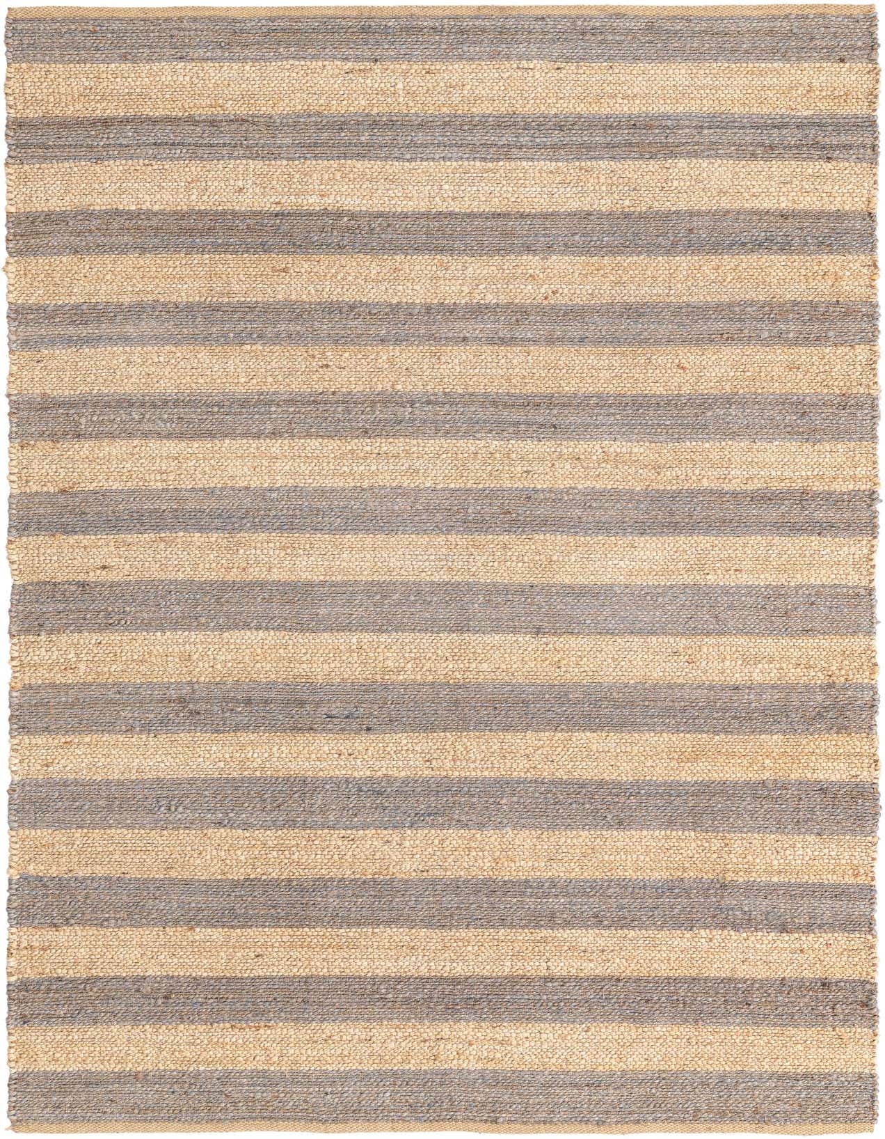 A 5x8 rectangular Braided Jute rug with alternating horizontal stripes of natural ivory and gray, featuring a medium pile texture.